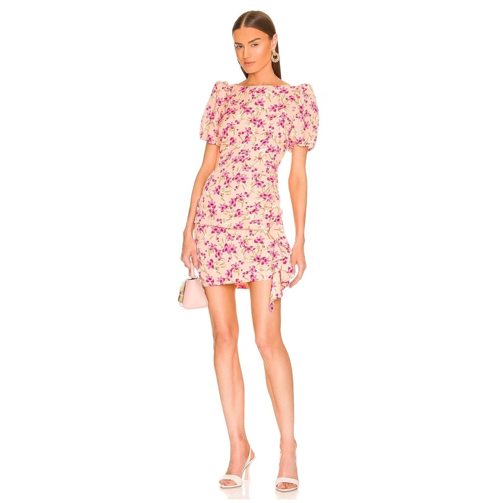 LIKELY Floral Mini Dress Womens 6 Peach Pink NEW Ruched Puff Sleeve Ruffle Y21